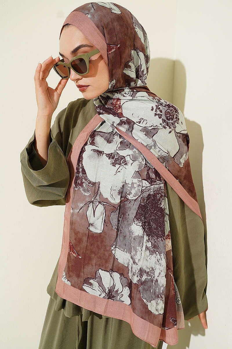 Çiçek Desenli Liva Kraş Modal Şal Camel
