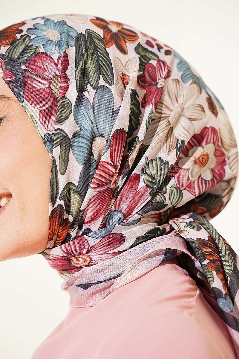 Çiçek Desenli Soft Eşarp Pudra