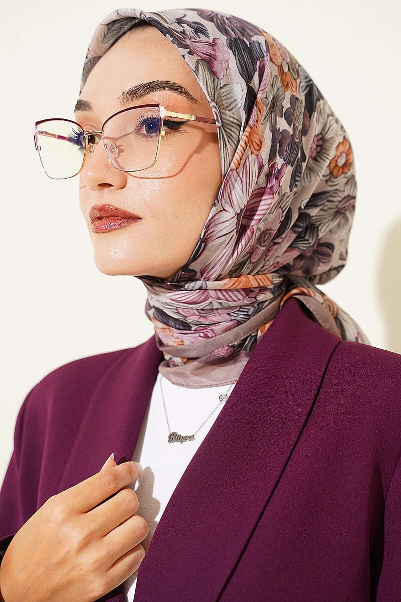 Çiçek Desenli Soft Eşarp Vizon