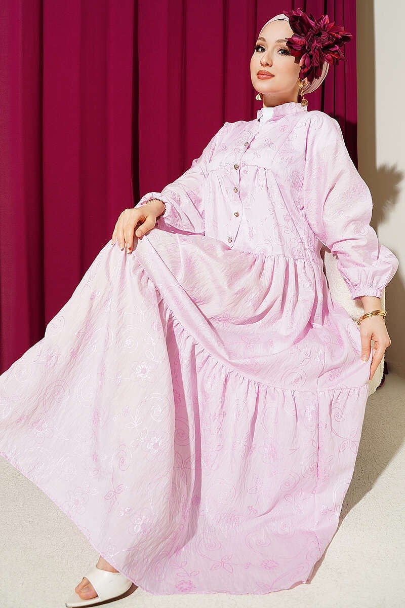 Çiçek Desenli Yarım Düğmeli Elbise Pembe
