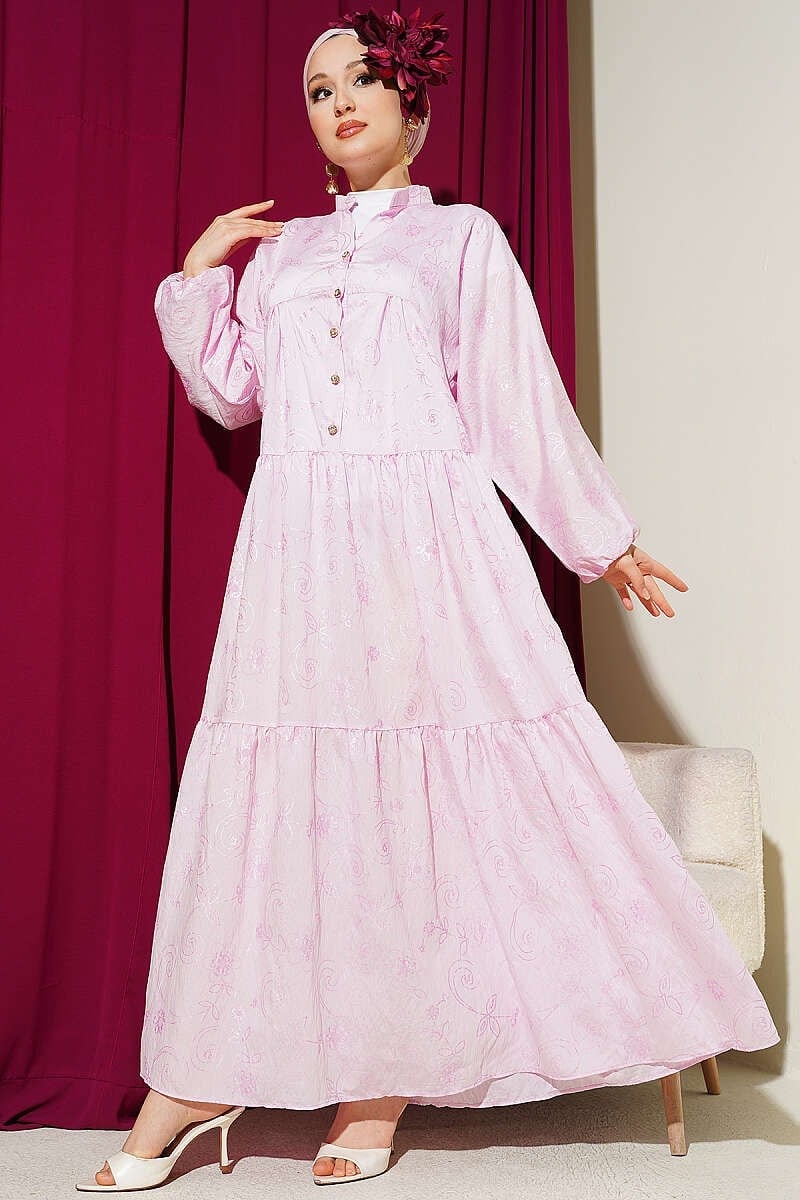 Çiçek Desenli Yarım Düğmeli Elbise Pembe