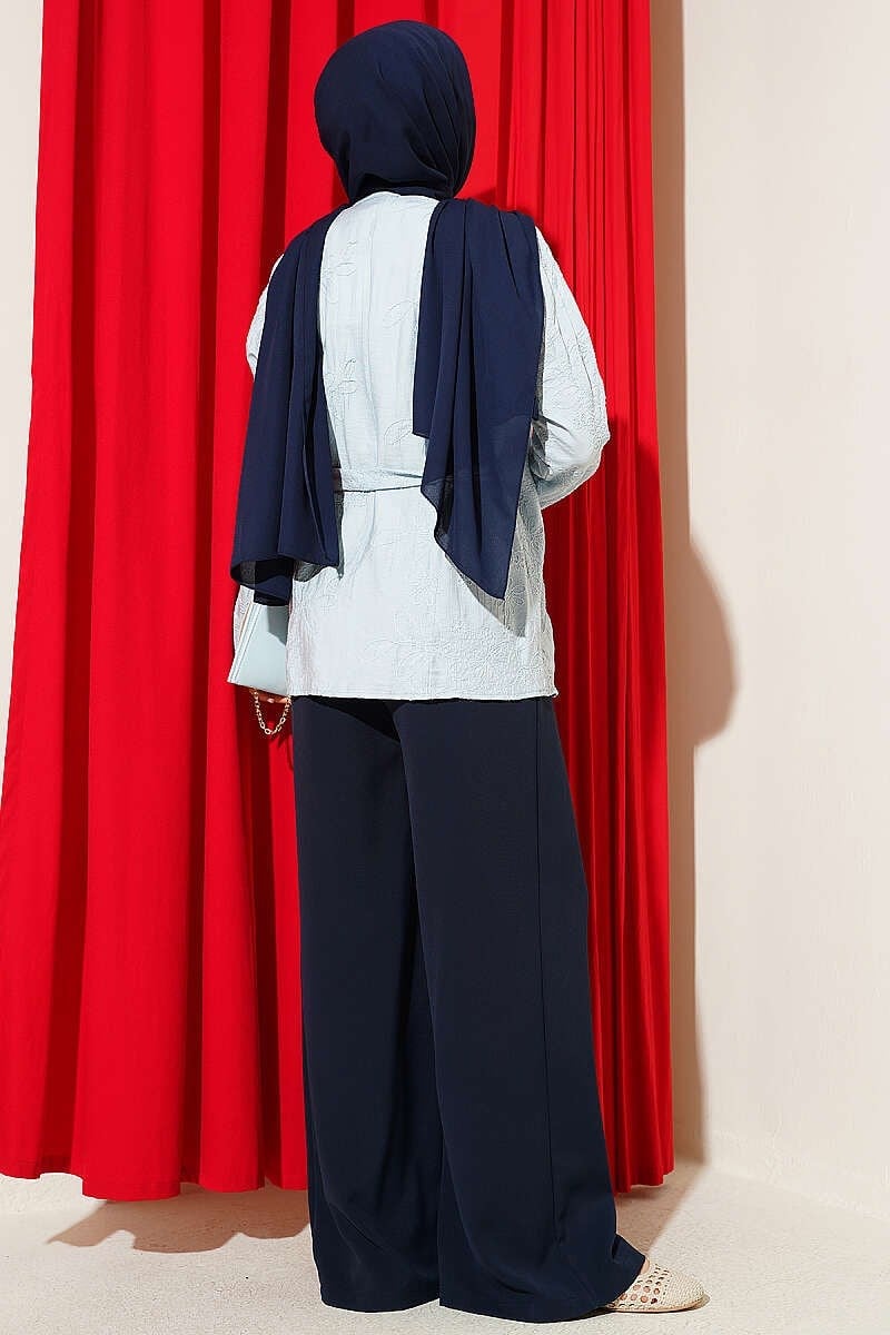 Çiçek İşlemeli Bağlamalı Kimono Bebe Mavi