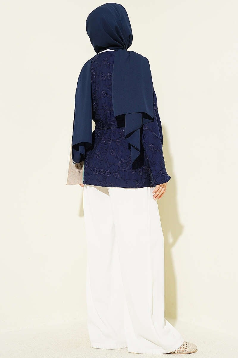 Çiçek İşlemeli Bağlamalı Kimono Lacivert