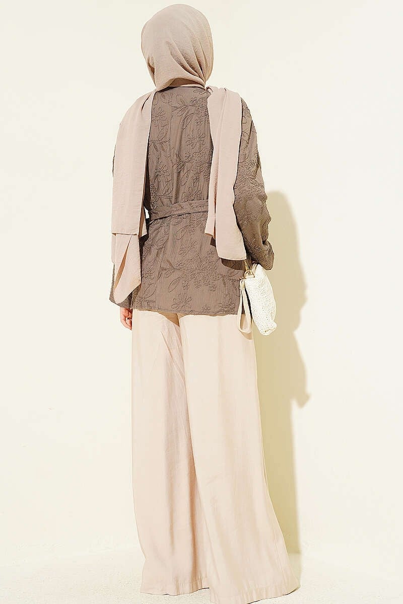 Çiçek İşlemeli Bağlamalı Kimono Vizon