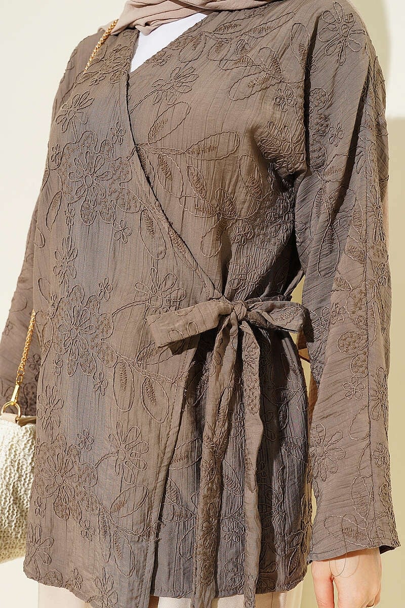 Çiçek İşlemeli Bağlamalı Kimono Vizon