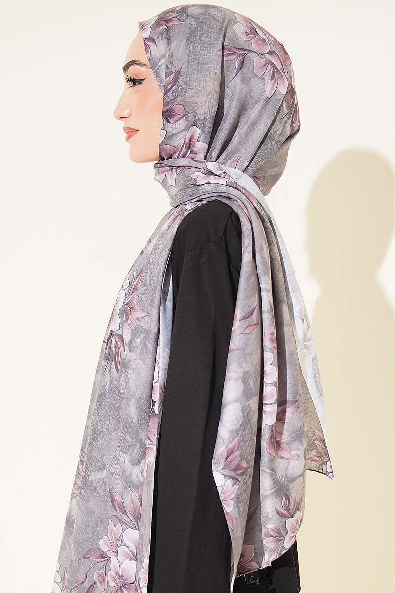 Çiçek Motif Detaylı Şal Füme