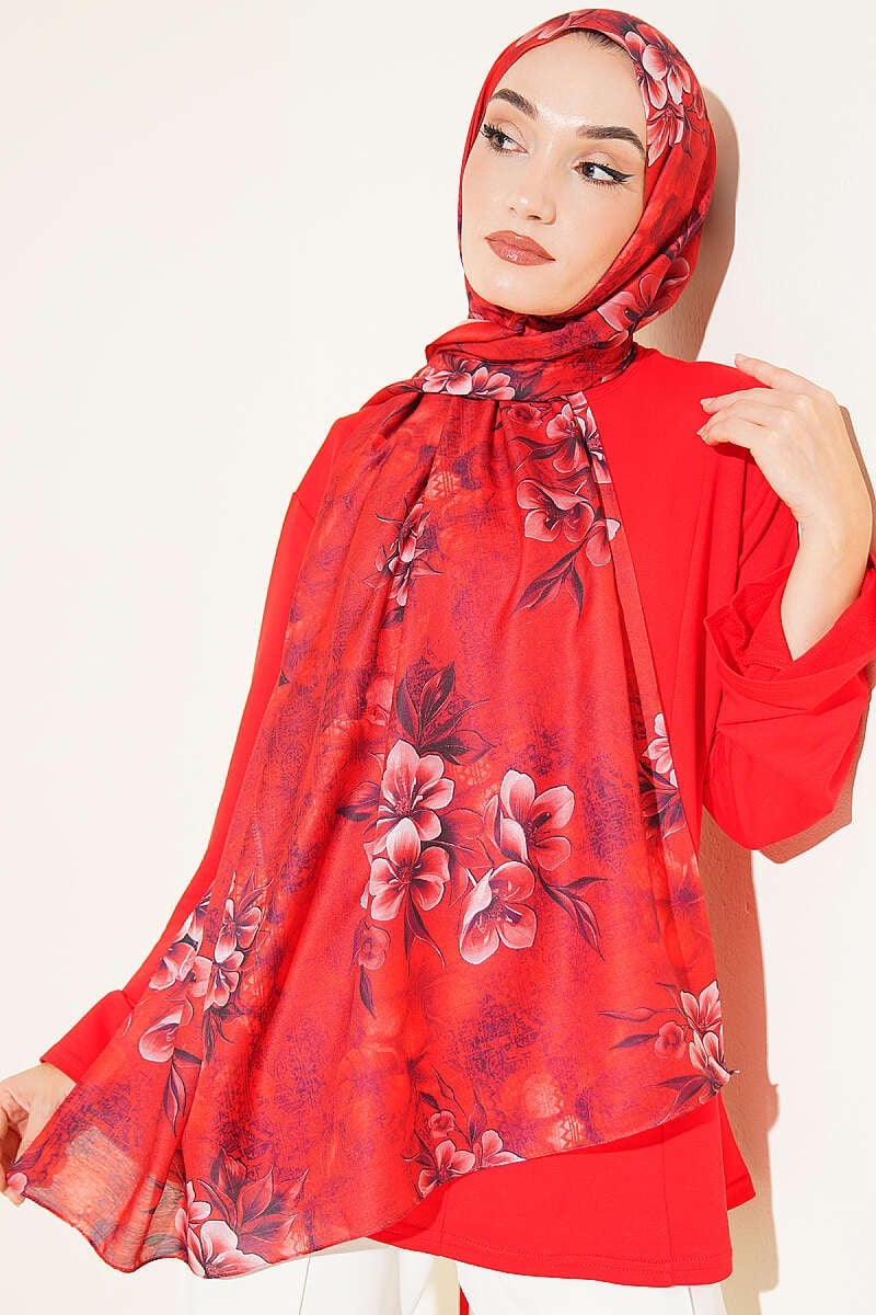 Çiçek Motif Detaylı Şal Kırmızı