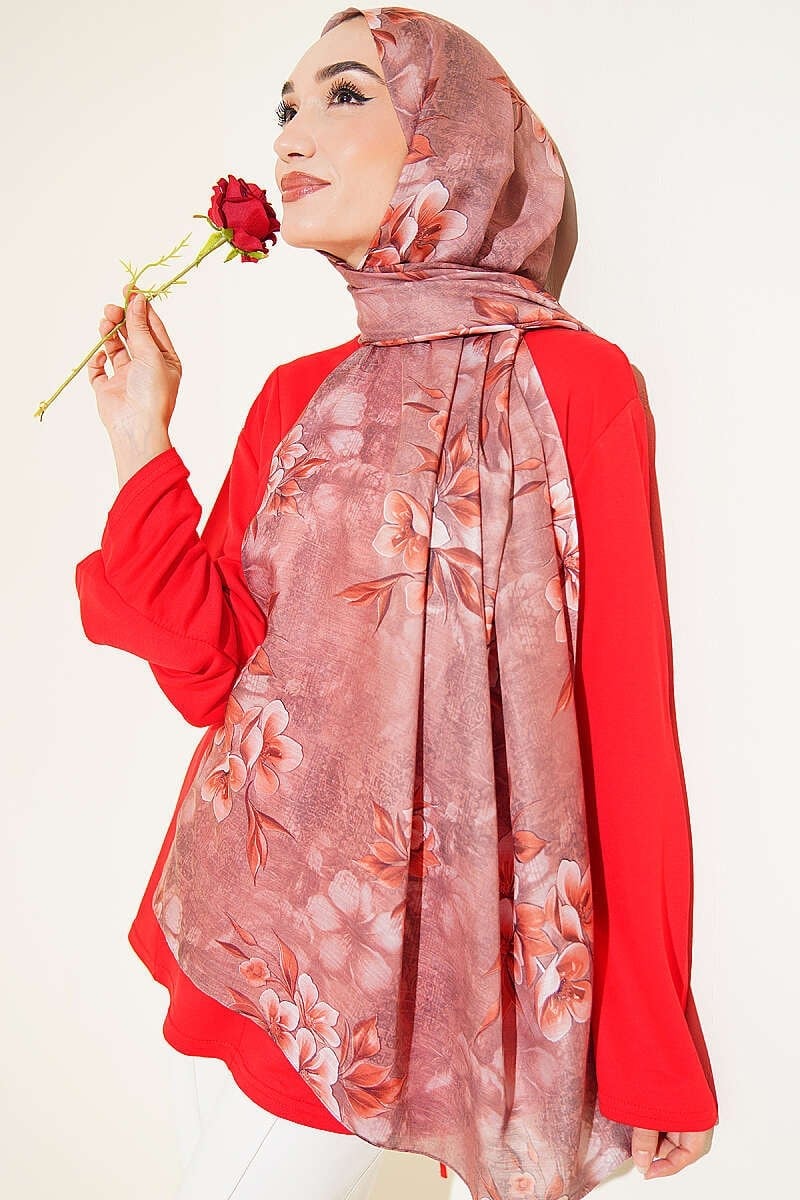 Çiçek Motif Detaylı Şal Soft Kahve