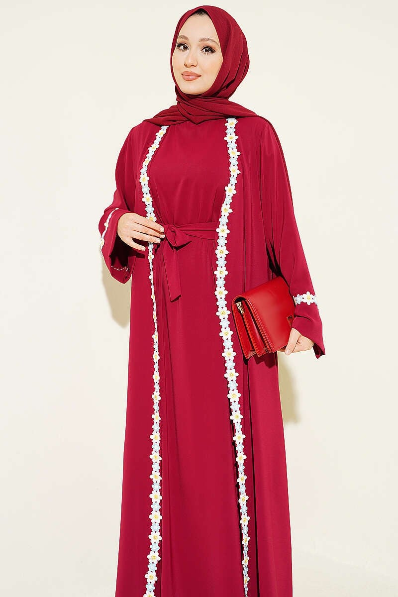 Çiçek Motifli Kuşaklı Abaya Bordo
