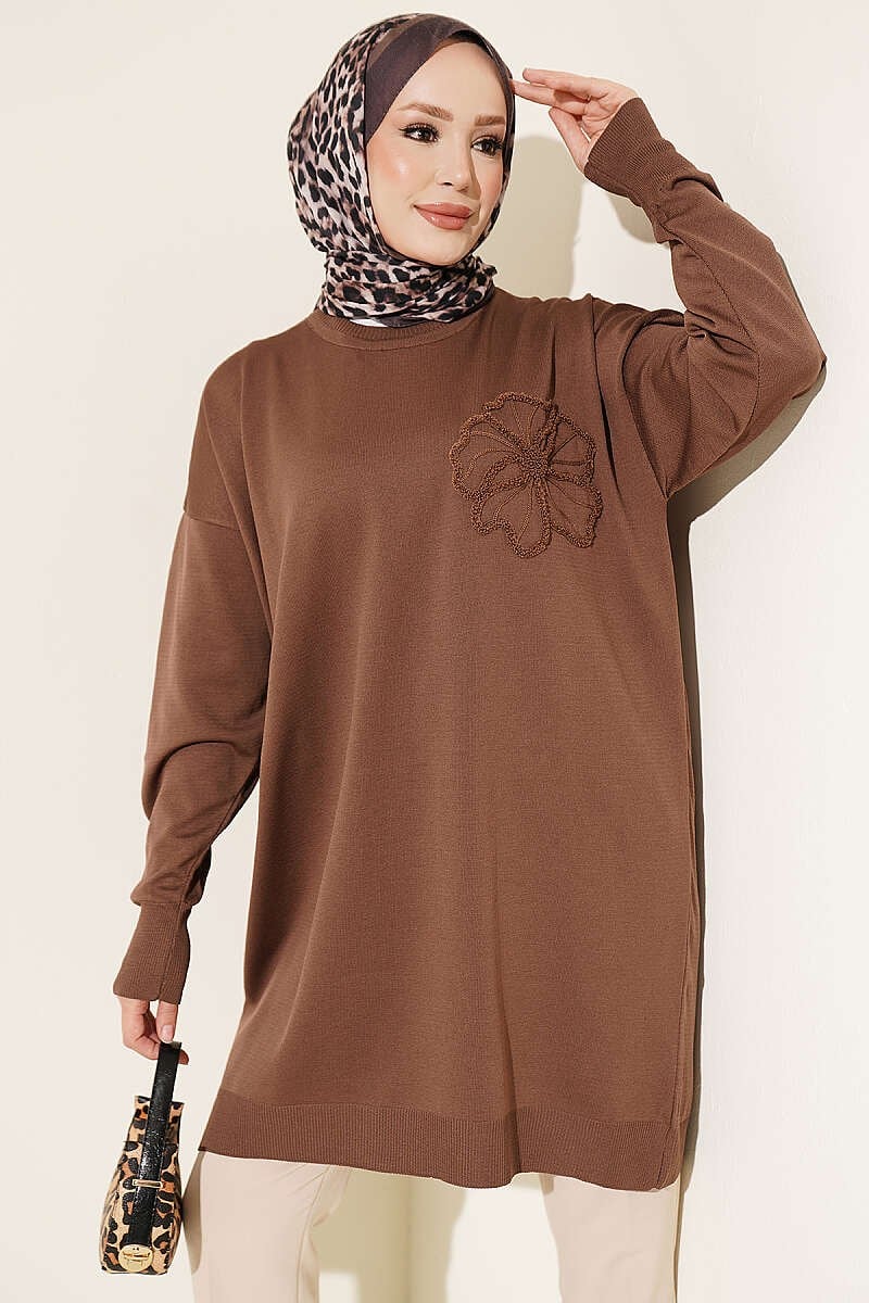 Çiçek Nakışlı Merserize Tunik Kahve