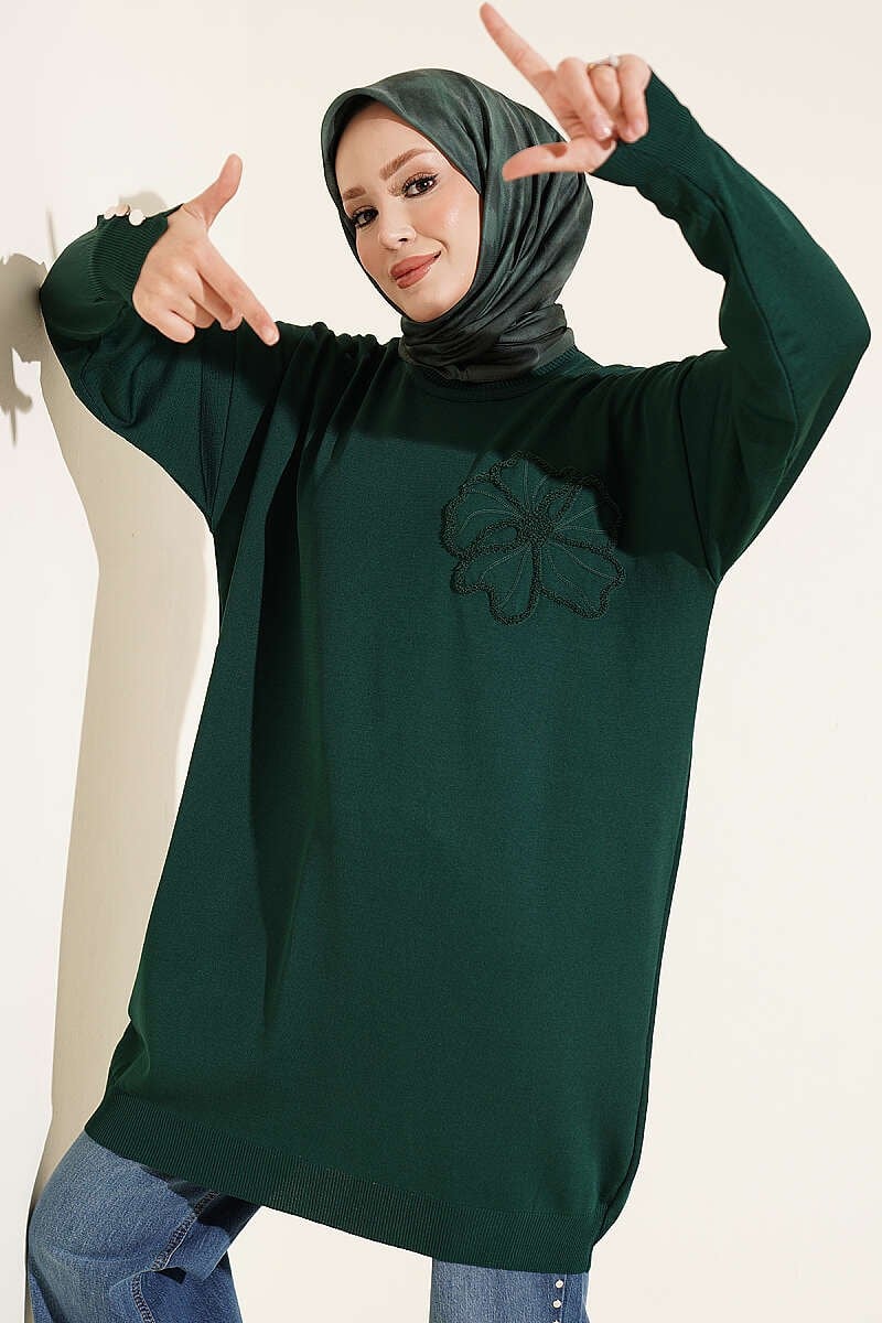 Çiçek Nakışlı Merserize Tunik Nefti
