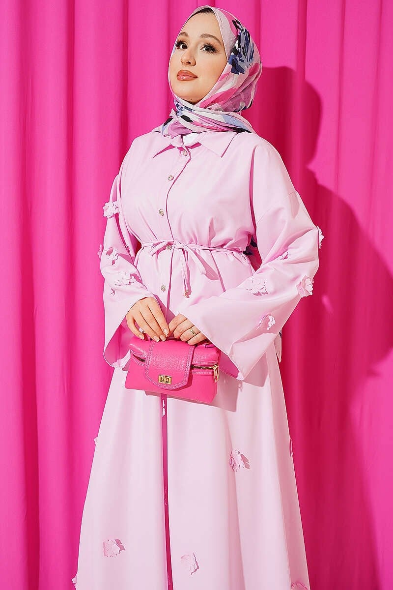 Çiçek Süslemeli İp Bağcıklı Etekli İkili Takım Pembe