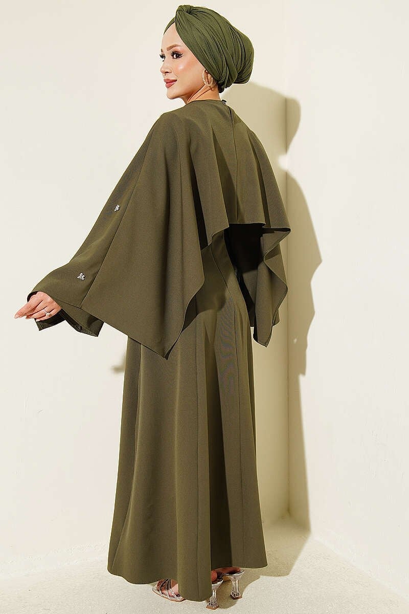 Çiçek Taşlı Bolerolu Abiye Elbise Haki