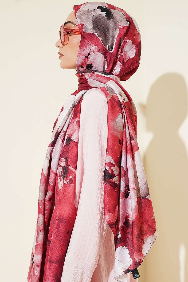 Çiçekli Dijital Desen Şal Bordo