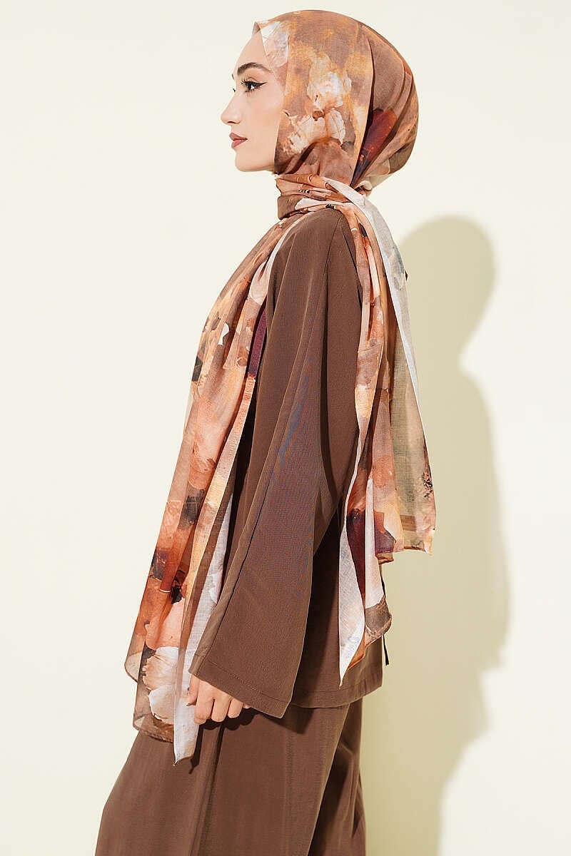 Çiçekli Dijital Desen Şal Camel