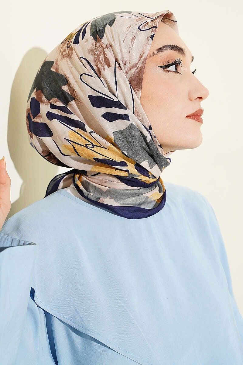 Çiçekli Fırça Desen Elegance Eşarp Lacivert