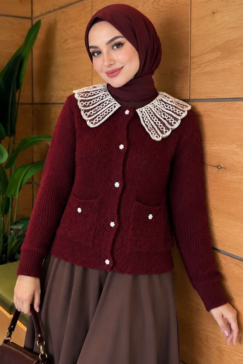 Çift Cepli Dantel Yaka Triko Hırka Bordo