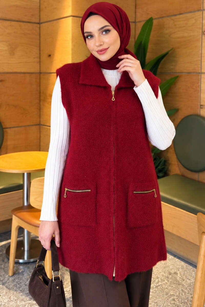 Çift Cepli Sakallı Yelek Bordo