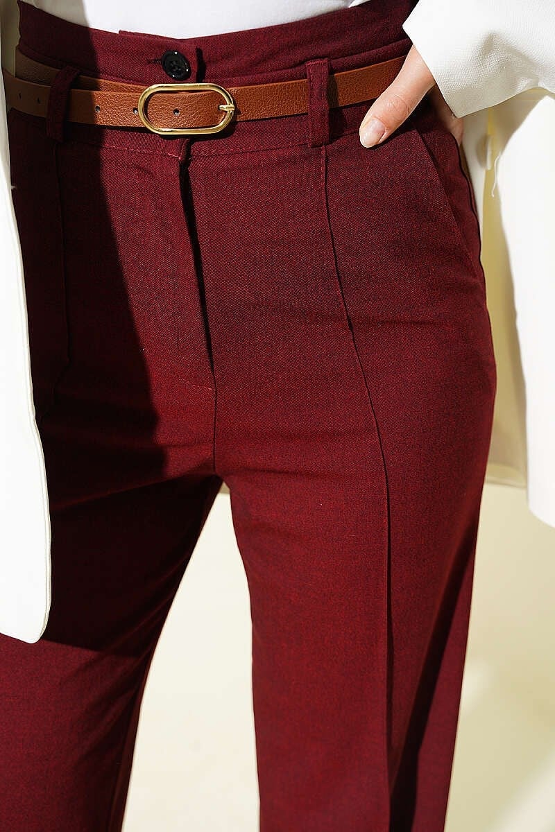 Çift Düğmeli Kemerli Çımalı Pantolon Bordo