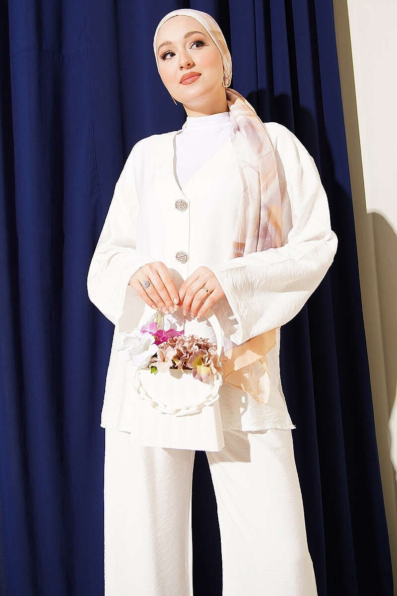 Çift Düğmeli Kimono İkili Takım Ekru