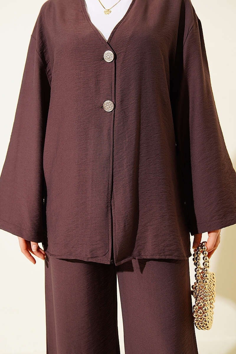 Çift Düğmeli Kimono İkili Takım Kahve