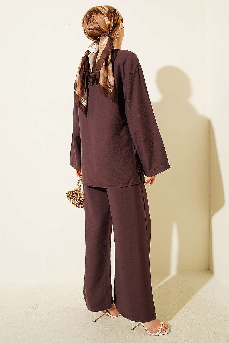 Çift Düğmeli Kimono İkili Takım Kahve