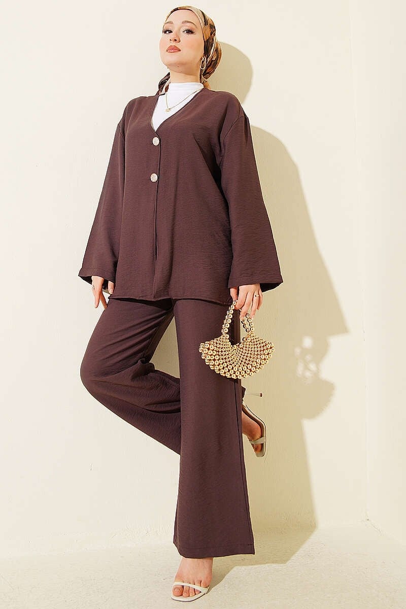 Çift Düğmeli Kimono İkili Takım Kahve
