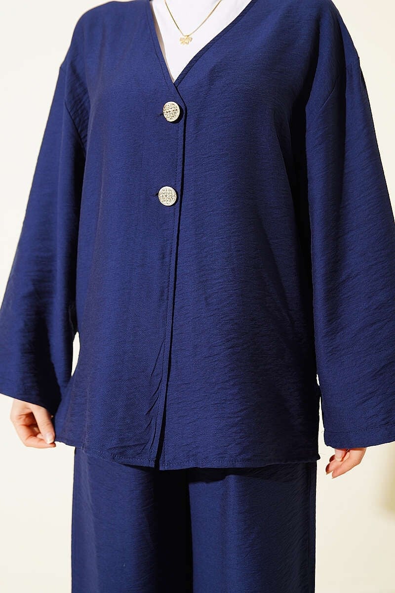 Çift Düğmeli Kimono İkili Takım Lacivert
