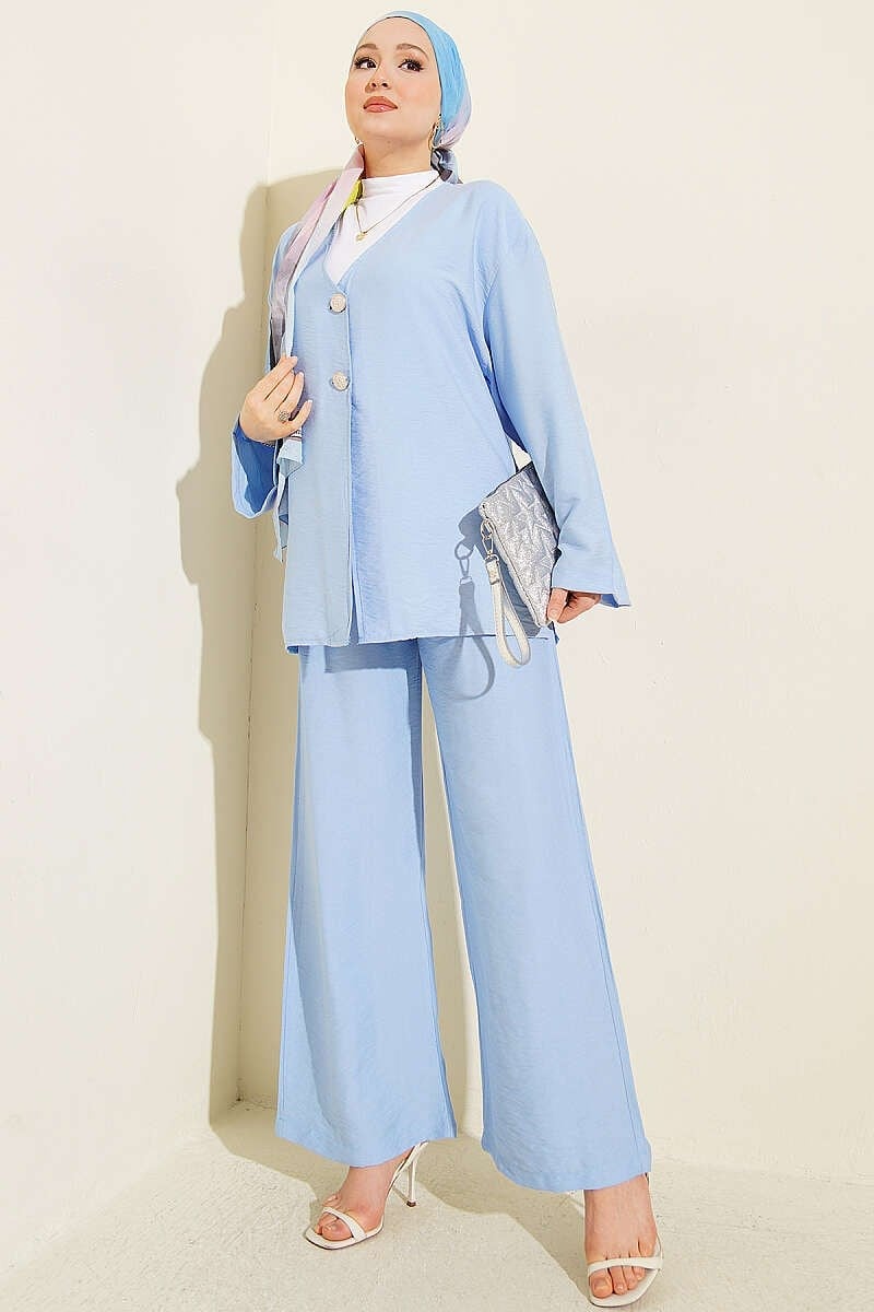 Çift Düğmeli Kimono İkili Takım Mavi