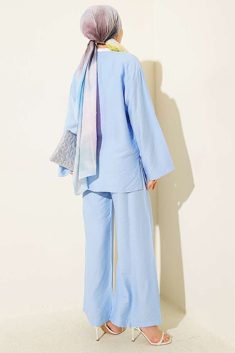 Çift Düğmeli Kimono İkili Takım Mavi
