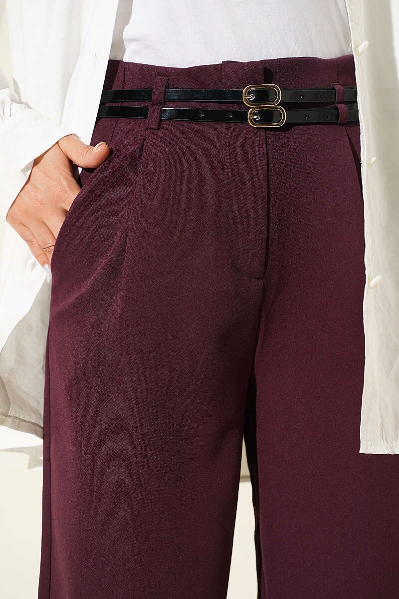 Çift İnce Kemer Geniş Paça Pantolon Mürdüm
