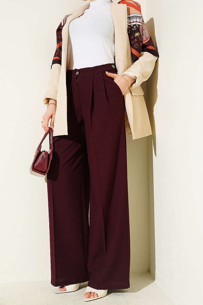 Çift Pileli Düğmeli Kumaş Pantolon Bordo