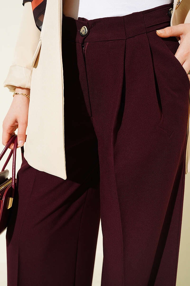 Çift Pileli Düğmeli Kumaş Pantolon Bordo