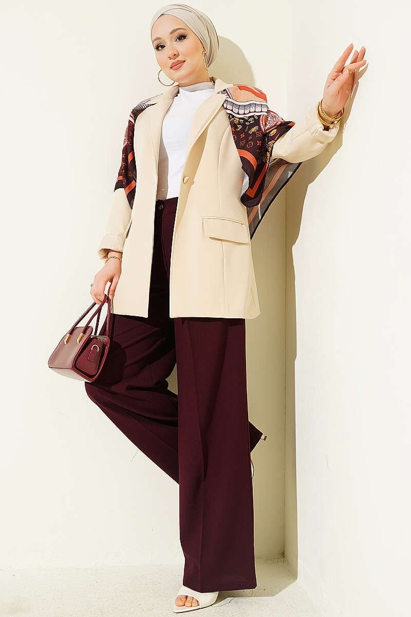 Çift Pileli Düğmeli Kumaş Pantolon Bordo