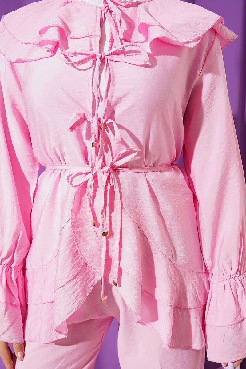 Çift Yakalı Bağcıklı İkili Takım Pembe