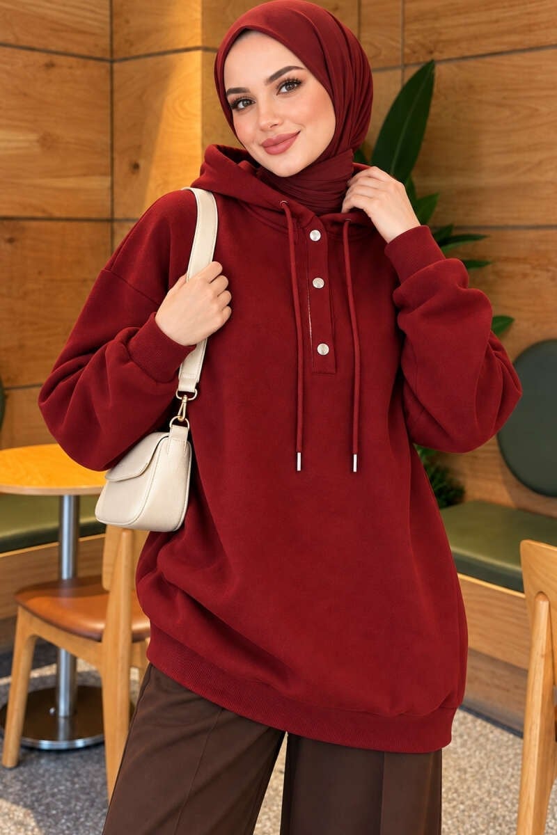 Çıtçıt Düğmeli Üç İplik Tunik Bordo