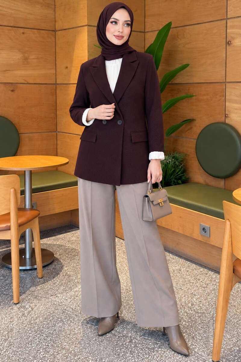 Çizgi Astarlı Düğmeli Blazer Ceket Mürdüm