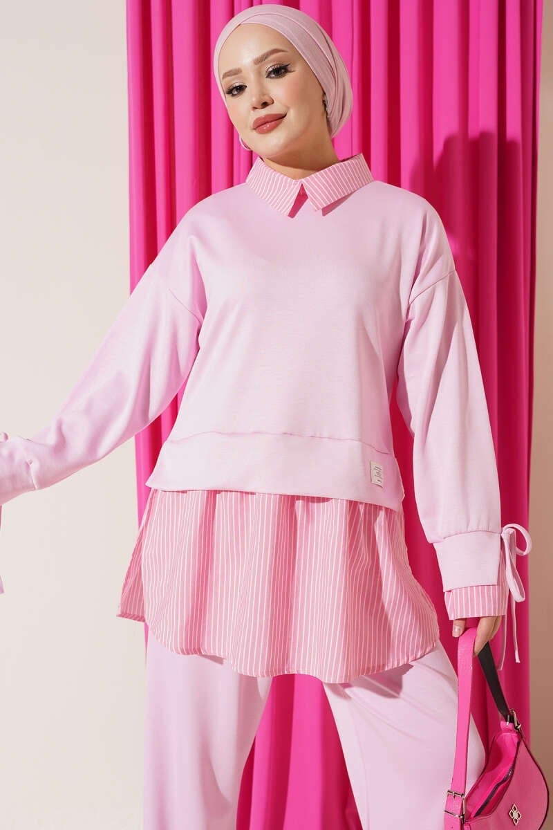 Çizgi Detaylı Garnili İkili Takım Pembe