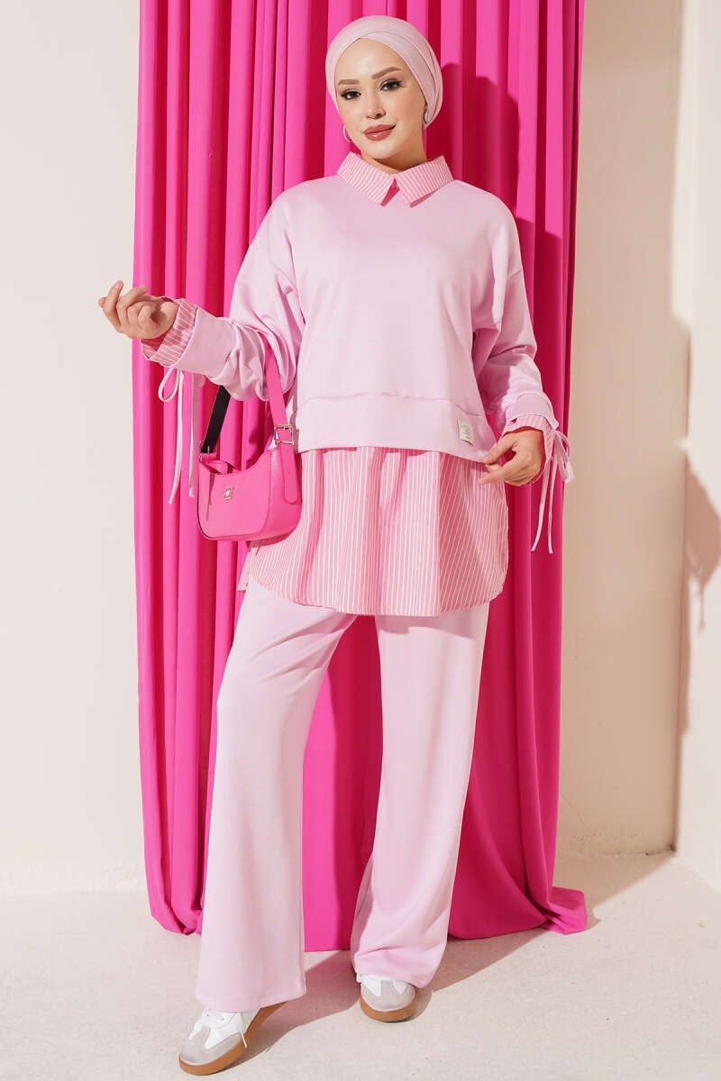 Çizgi Detaylı Garnili İkili Takım Pembe