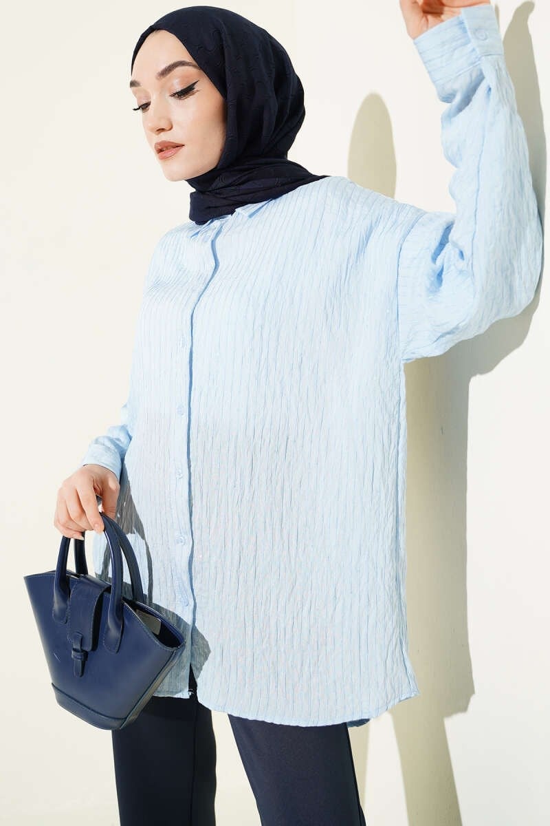 Çizgi Dikişli Pullu Oversize Gömlek Bebe Mavi