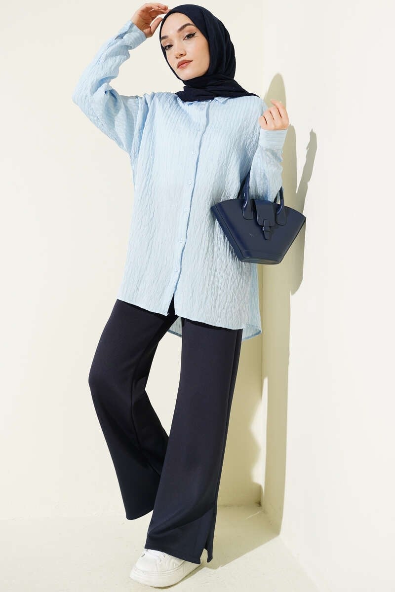 Çizgi Dikişli Pullu Oversize Gömlek Bebe Mavi