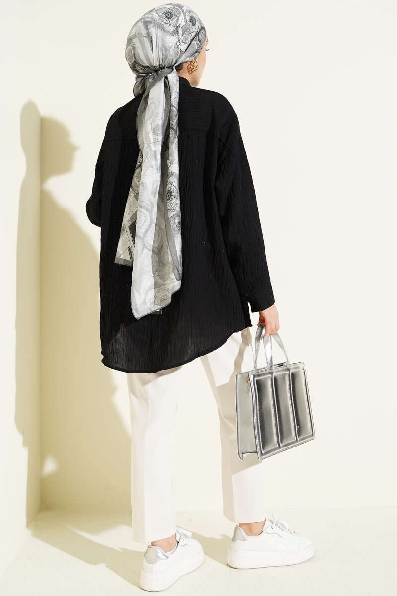 Çizgi Dikişli Pullu Oversize Gömlek Siyah