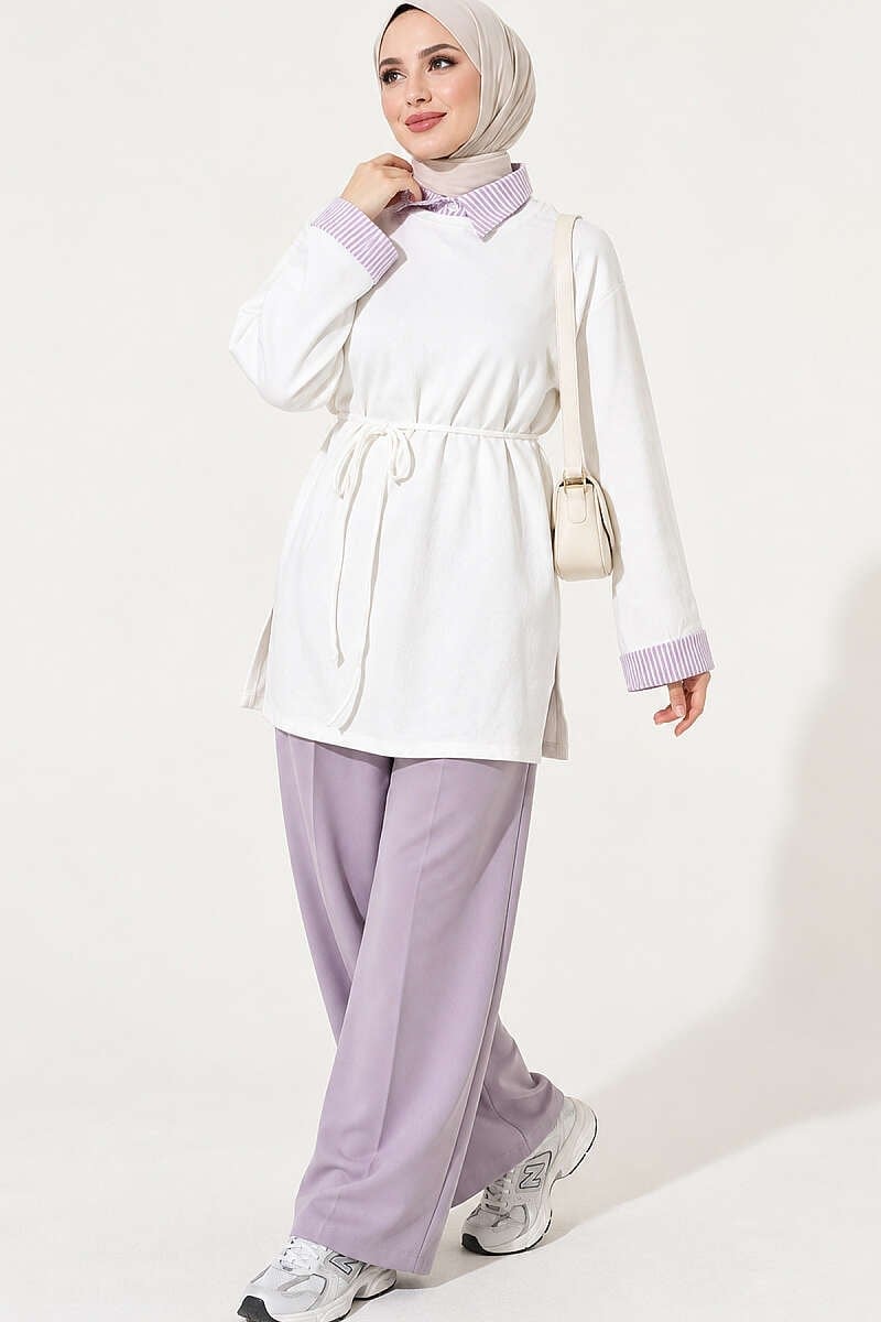 Çizgi Gömlek Garnili Basic Tunik Ekru