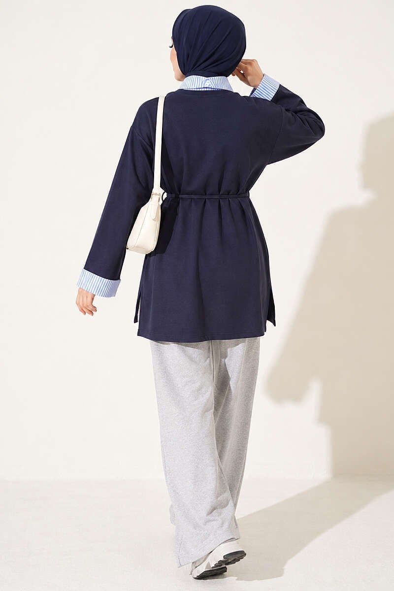 Çizgi Gömlek Garnili Basic Tunik Lacivert