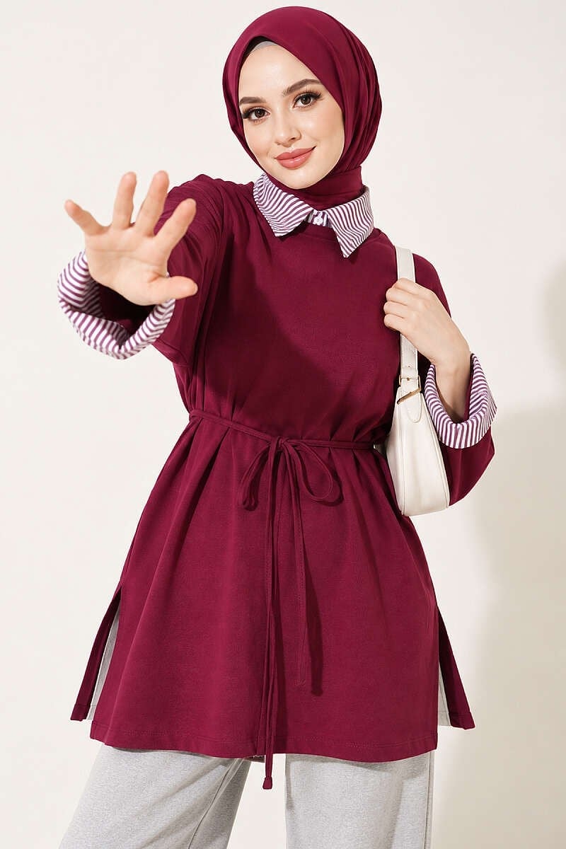Çizgi Gömlek Garnili Basic Tunik Mürdüm