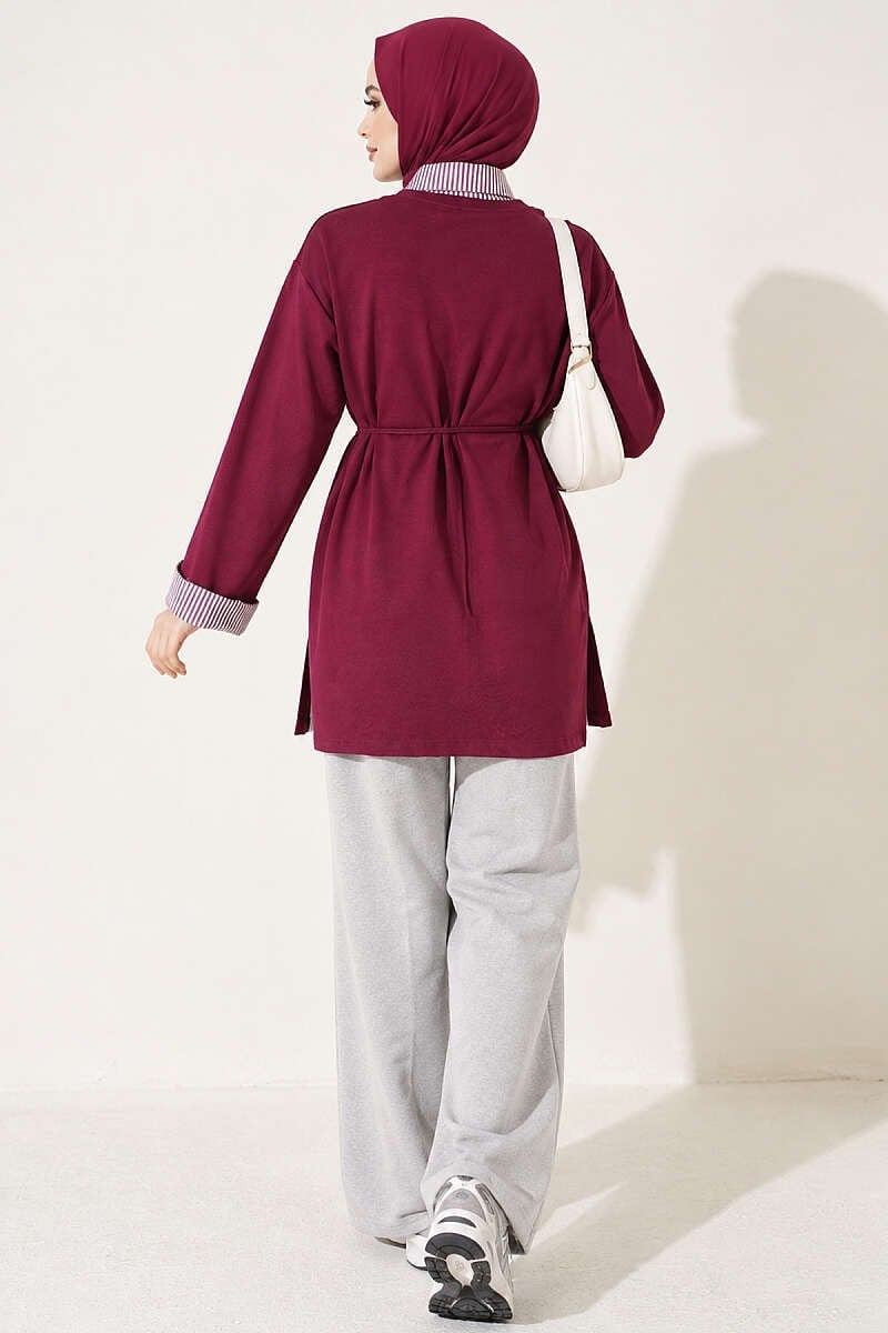 Çizgi Gömlek Garnili Basic Tunik Mürdüm