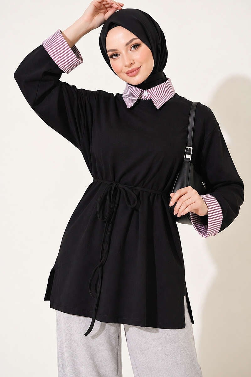 Çizgi Gömlek Garnili Basic Tunik Siyah