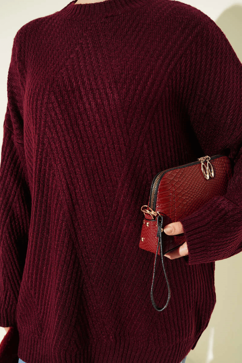 Çizgi Kabartmalı Triko Tunik Bordo