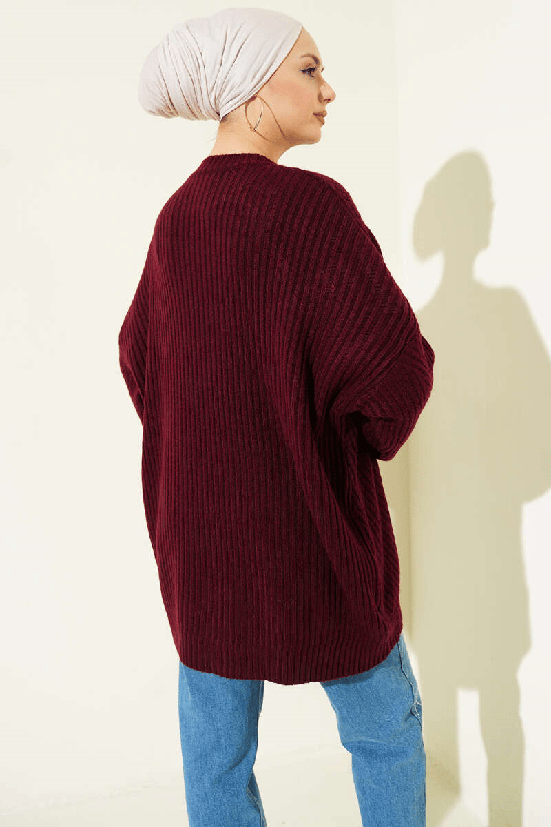 Çizgi Kabartmalı Triko Tunik Bordo