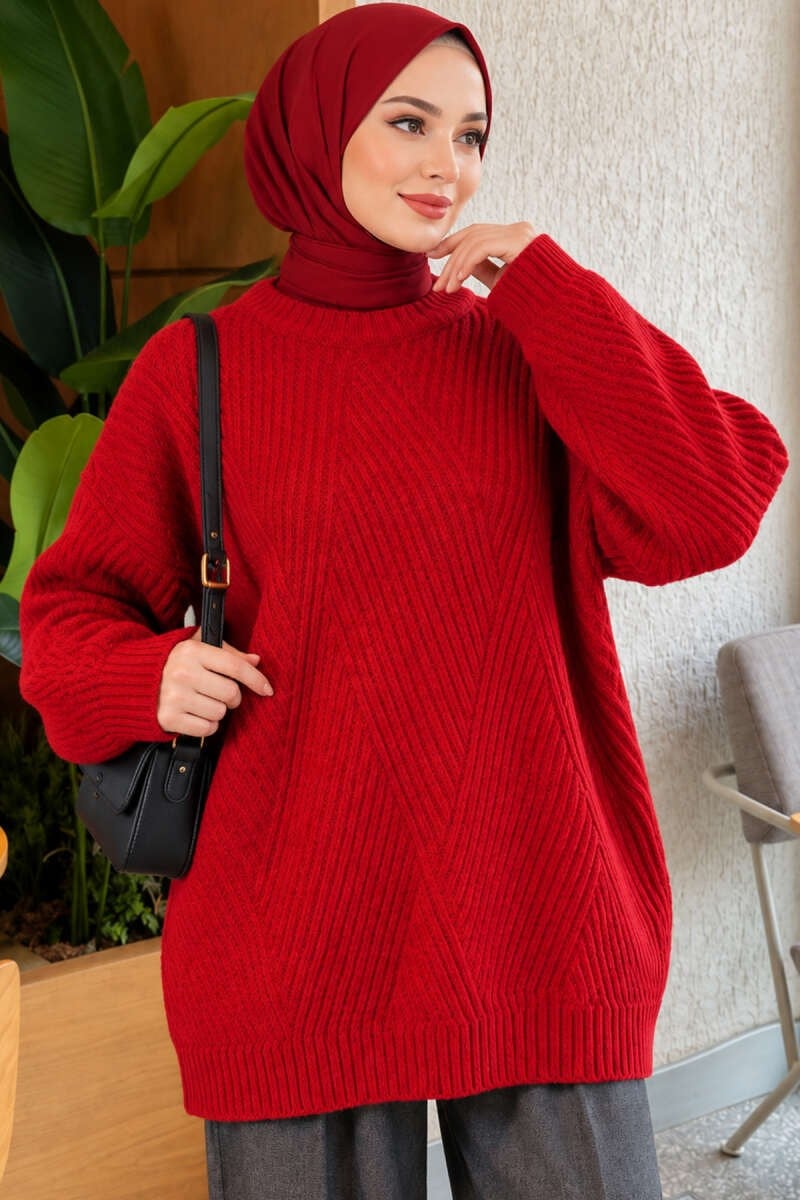 Çizgi Kabartmalı Triko Tunik Kırmızı